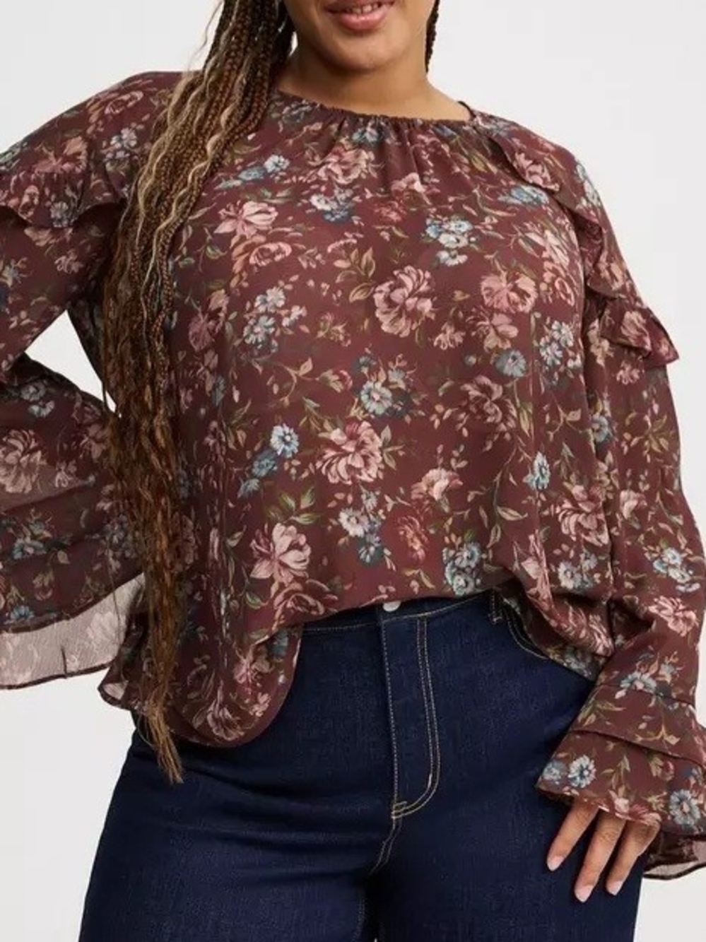 Torrid Plus Floral Ruffle Long Sleeves Top, 1X, Brown